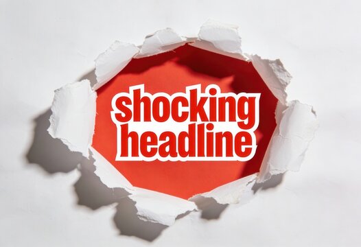 Shocking headline text visible through a torn hole in white paper. Breaking news and clickbait concept with red background. Sensational media announcement