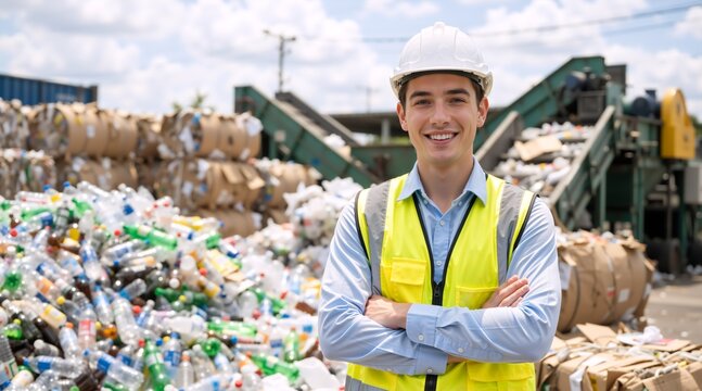 Smiling male worker at outdoor recycling facility. Confident young waste management manager in hard hat and safety vest standing in front of plastic bottles