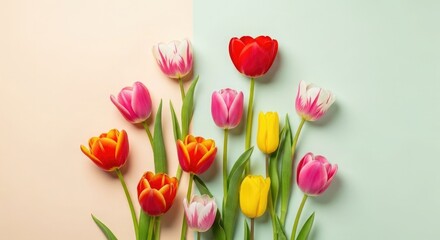 Obraz premium Vibrant multicolored tulips on pastel background spring flowers in bloom floral arrangement