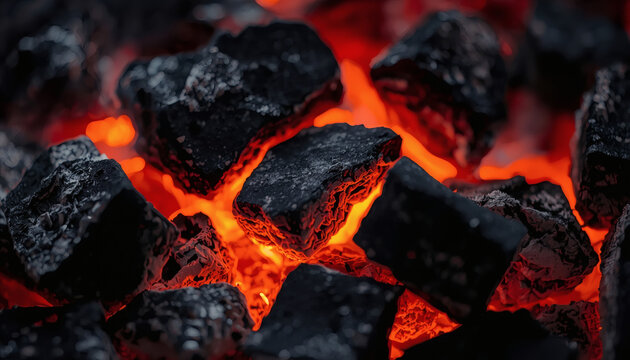 Glowing hot orange embers inside black charcoal. High contrast thermal texture.