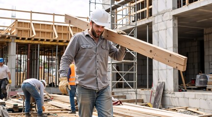 Male construction worker carrying a wooden plank on his shoulder at a building site. Builder in a hard hat and safety gloves walking past scaffolding. Manual labor and industry concept