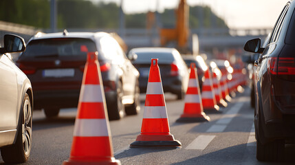 Road Closure with Traffic Flow and Safety Cones on Asphalt, Afternoon Sun, Perspective View of Urban Congestion, Construction Area