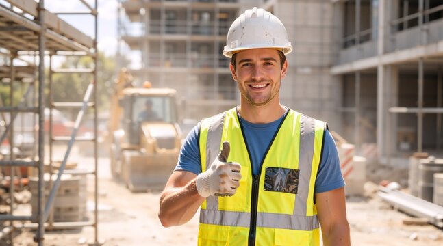 Smiling male construction worker giving thumbs up on building site. Confident builder wearing white hard hat and yellow safety vest outdoors