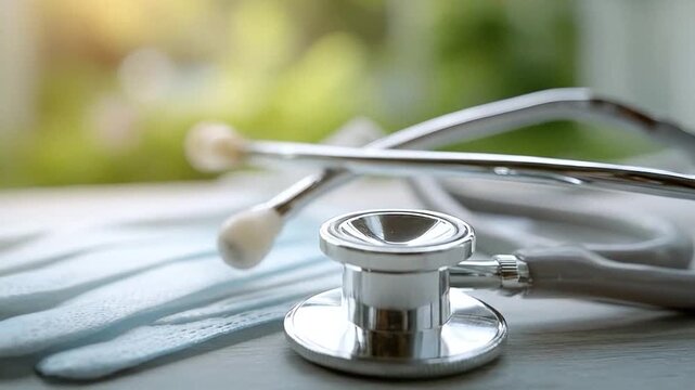 A doctor's stethoscope and blue medical gloves rest on a wooden table.