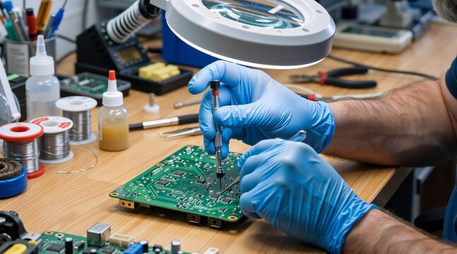 Close up of technician hands in blue gloves repairing a printed circuit board. Electronics engineer working on a computer motherboard with precision tools under a magnifying glass
