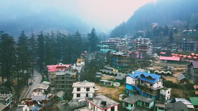 Parvati valley drone video capturing beautiful bird eye view of Parvati river and kasol townwater