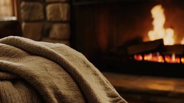 Cozy home scene with a blanket draped over a couch near a fireplace