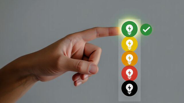 A hand pressing a green button with a lightbulb icon