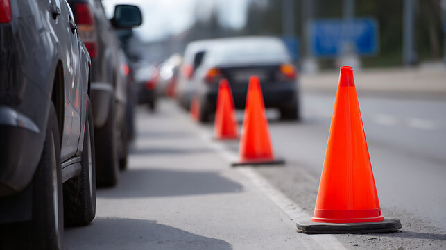 Row of orange traffic cones defining a road boundary alongside parked vehicles, with blurred cars and infrastructure in the background