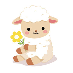 Fototapeta premium Cute white fluffy sheep with a flower