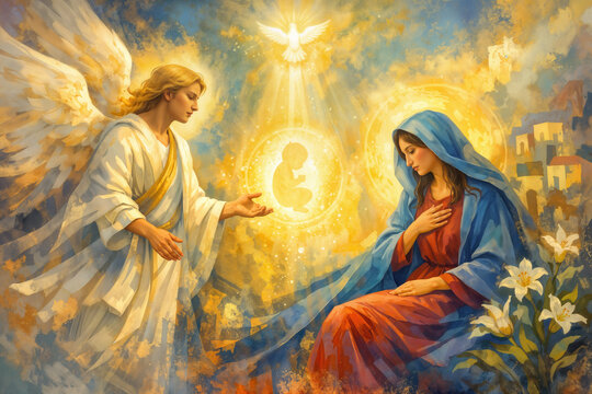 Feast of Annunciation March 25 modern spiritual painting of Archangel Gabriel announcing incarnation to Virgin Mary Marian feast sacred art contemporary Christian liturgical celebration