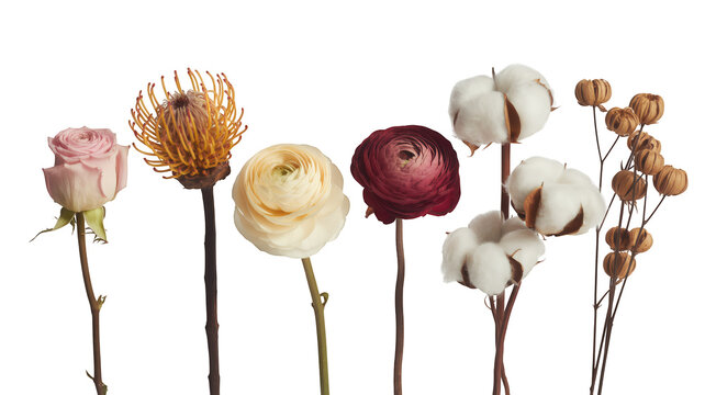 Assorted dried flowers ranunculus cotton rose isolated on a transparent background