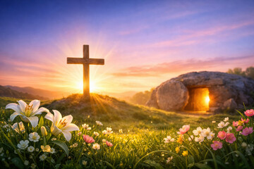 Easter 2026 sunrise with wooden cross on hill, empty stone tomb glowing, lilies and spring flowers symbolizing resurrection hope renewal faith Holy Week Good Friday Easter Sunday