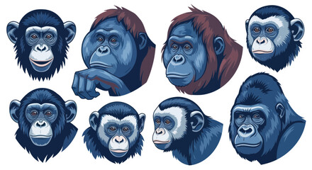 Monkey Faces Collection - Primate Portraits in Blue Tones © gan