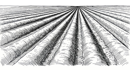 Plowed Agricultural Field with Furrows, Rural Landscape Drawing © gan