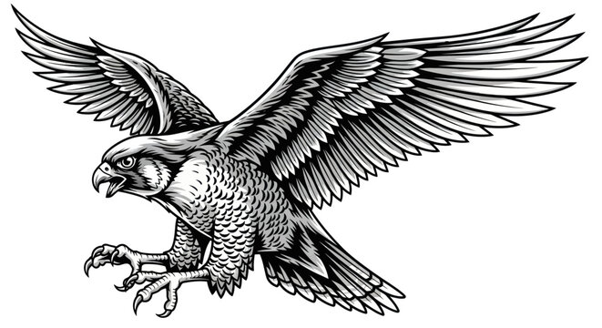 Majestic Falcon Bird of Prey Swooping Down with Wings Spread Wide, Detailed Illustration