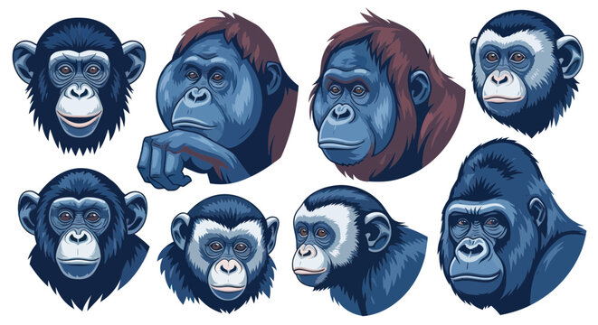 Monkey Faces Collection - Primate Portraits in Blue Tones