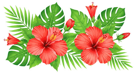 Vibrant Red Hibiscus Flowers with Tropical Green Leaves - Watercolor Illustration © gan
