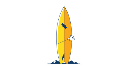 Yellow surfboard standing upright on blue waves, water sport equipment © gan