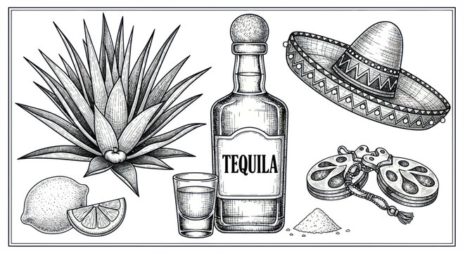 Tequila Bottle, Agave Plant, Sombrero, Shot Glass, Lemon, Salt, Maracas - Hand Drawn Sketch