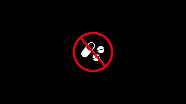 No Drugs or Medication Prohibited Symbol on Black Background. Red Warning Sign with Pills and Capsule Icon Crossed Out. Health Safety, Drug Restriction and Medical Prohibition Concept Animation in 4K.