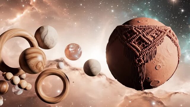 Surreal Cosmic Scene With Planets and Macrame Decorated Sphere Floating in Nebula