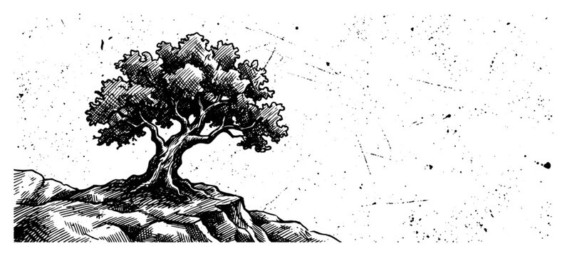 Old tree growing on a rocky outcrop in classic woodcut engraving style