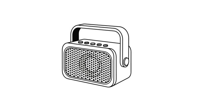 Line art illustration of a portable boombox-style bluetooth speaker with a handle and top-mounted controls for music playback.