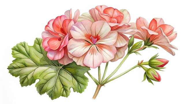 Watercolor painting of blooming geranium flowers with delicate pink and peach petals