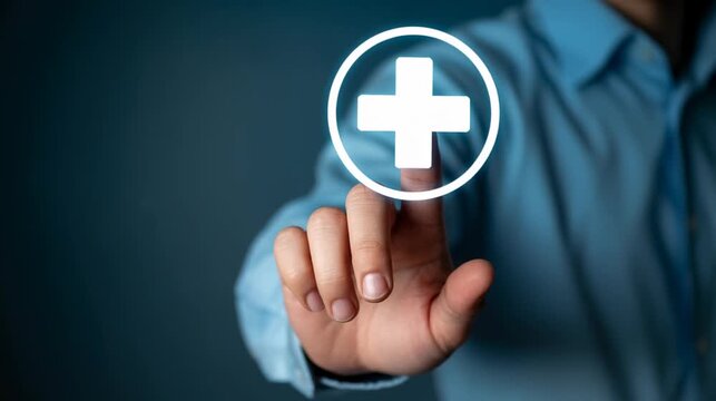 Hand activating a single medical cross hologram icon 