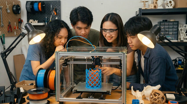 Diverse group of young students intently observing a 3D printer in action during a technology class.