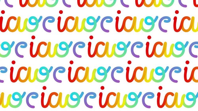 Colorful ciao word endless loop typography pattern with curved ribbon stroke lettering forming playful greeting backdrop isolated on transparent background with vibrant rainbow gradient