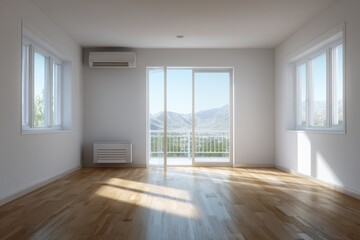Fototapeta premium Empty new room. New plastic PVC window with metal frame installed at modern house. White blank walls, wooden flooring, heating system. Typical installation of insulated glazing windows. uPVC frame.