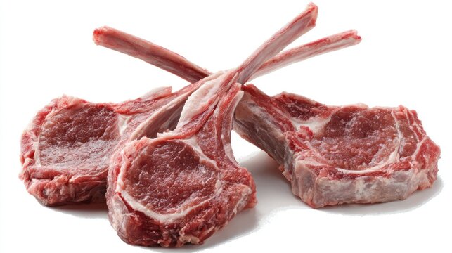 Close-up studio shot of three raw lamb cutlets, showing red meat and white bones on a white background