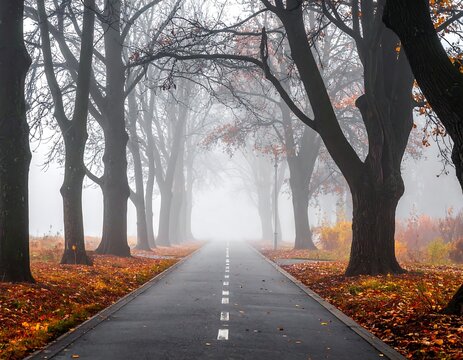 A tree-lined road vanishing into a dense fog on a cool day, with fallen leaves in autumn