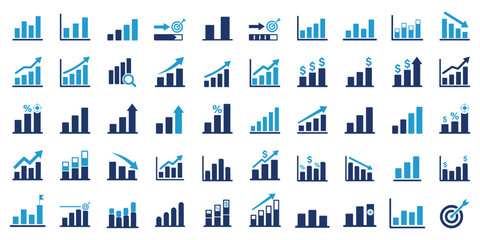 Business chart icon set showing growth and decline trends. Bar graphs with up and down arrows for analytics statistics financial performance revenue increase sales growth profit. Growing and Declining © Hike Studio 786