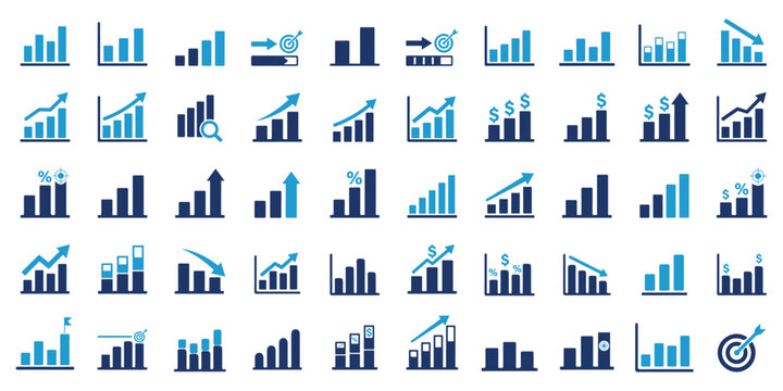 Business chart icon set showing growth and decline trends. Bar graphs with up and down arrows for analytics statistics financial performance revenue increase sales growth profit. Growing and Declining