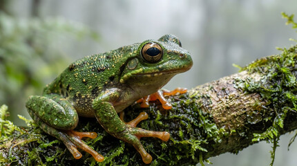 Fototapeta premium Extinct Mountain Mist Frog Litoria nyakalensis camouflaged on a mossy rock in a tropical stream