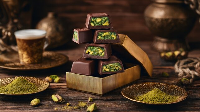 Stacked chocolate treats with pistachio filling next to cups and gold trinkets