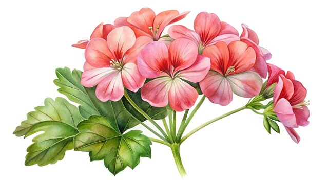 Watercolor painting of vibrant pink and red geranium flowers with green leaves