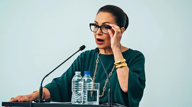 Confident woman professor giving an inspiring academic lecture at the podium during a formal business conference. Generous copy space. Professional documentary style.