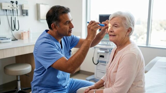 Doctor Examining Senior Woman's Eye with Penlight During Routine Eye Exam in Clinic