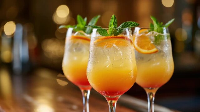 Three refreshing layered citrus cocktails with ice, orange slices and fresh mint served in elegant glasses on bar counter with warm glowing bokeh lights.