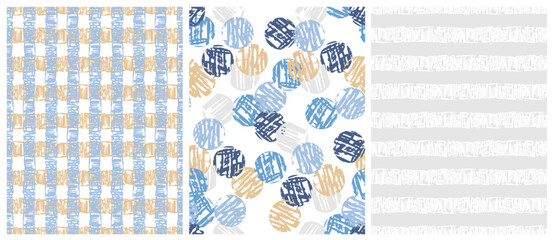 Hand‑Drawn Irregular Seamless Vector Patterns – Abstract Grid, Lines And Dots Made Of Scribbles. Blue, and Gold Grid, Dots And Horizontal Lines Isolated On a White And Light Gray Background. 