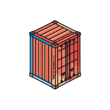 Izometryczna ilustracja wektorowa przedstawiająca czerwony kontener transportowy do logistyki i spedycji towar&oacute;w na czystym białym tle.