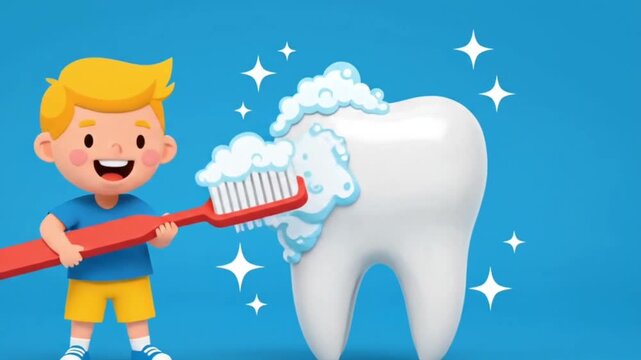 Cheerful child brushing teeth next to a magical tooth fairy and a strong superhero tooth protecting smiles. Generous copy space. 3D cartoon animation style.