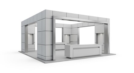 Empty exhibition stand with a reception counter for a trade show. A modern blank white booth or promotional stall isolated on a white background. 3D render