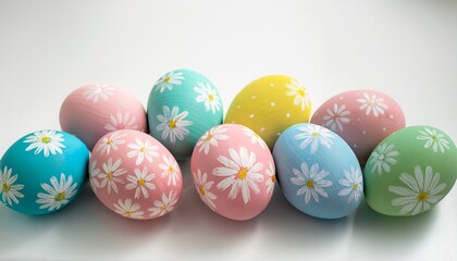 Colorful hand painted easter eggs with pastel color daisy flowers on a white background