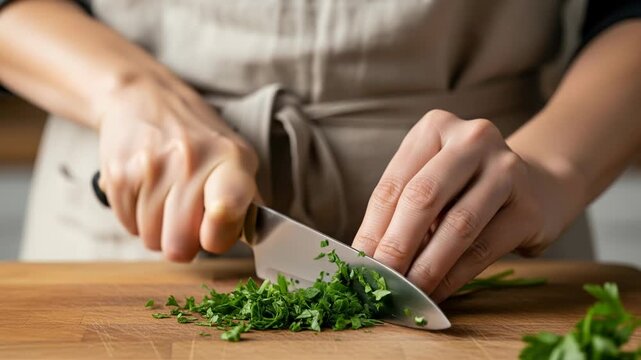 A person prepares fresh herbs by chopping them with a knife. They use a cutting board and focus on the task