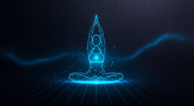 A glowing human silhouette meditates in a cosmic setting, surrounded by vibrant blue energy waves and chakra points, symbolizing mindfulness and spiritual balance.